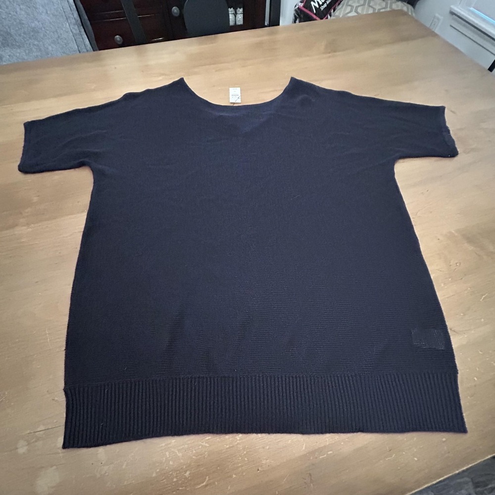 Talbots Sweater Womens 1X Navy 100% Linen Short Sleeve Knit Pullover Sheer Top
